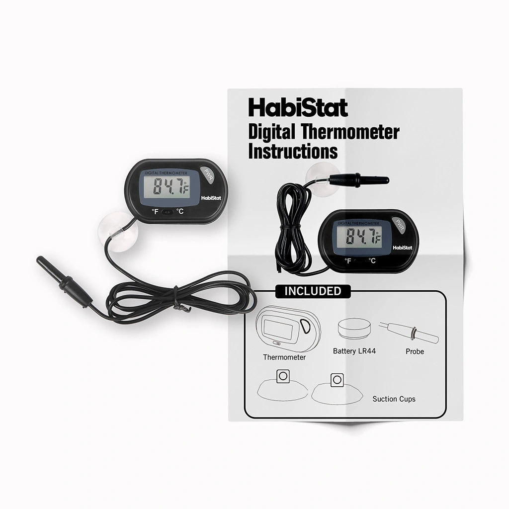 HabiStat Digital Thermometer with probe, suction cups, battery and instruction sheet
