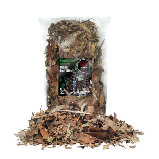 HabiStat Mixed Leaf Litter 5L bag standing behind a loose pile of the litter