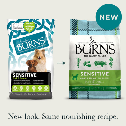 Burns Sensitive Pork & Potato old and new packaging comparison
