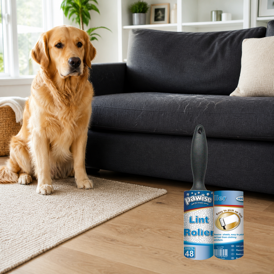 Pawise lint roller kit beside a dog and a dark sofa with visible pet hair