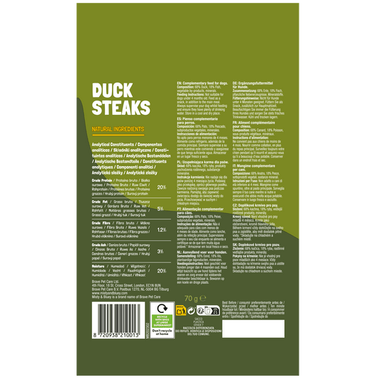Misty and Bluey Duck Steaks 70g pack back
