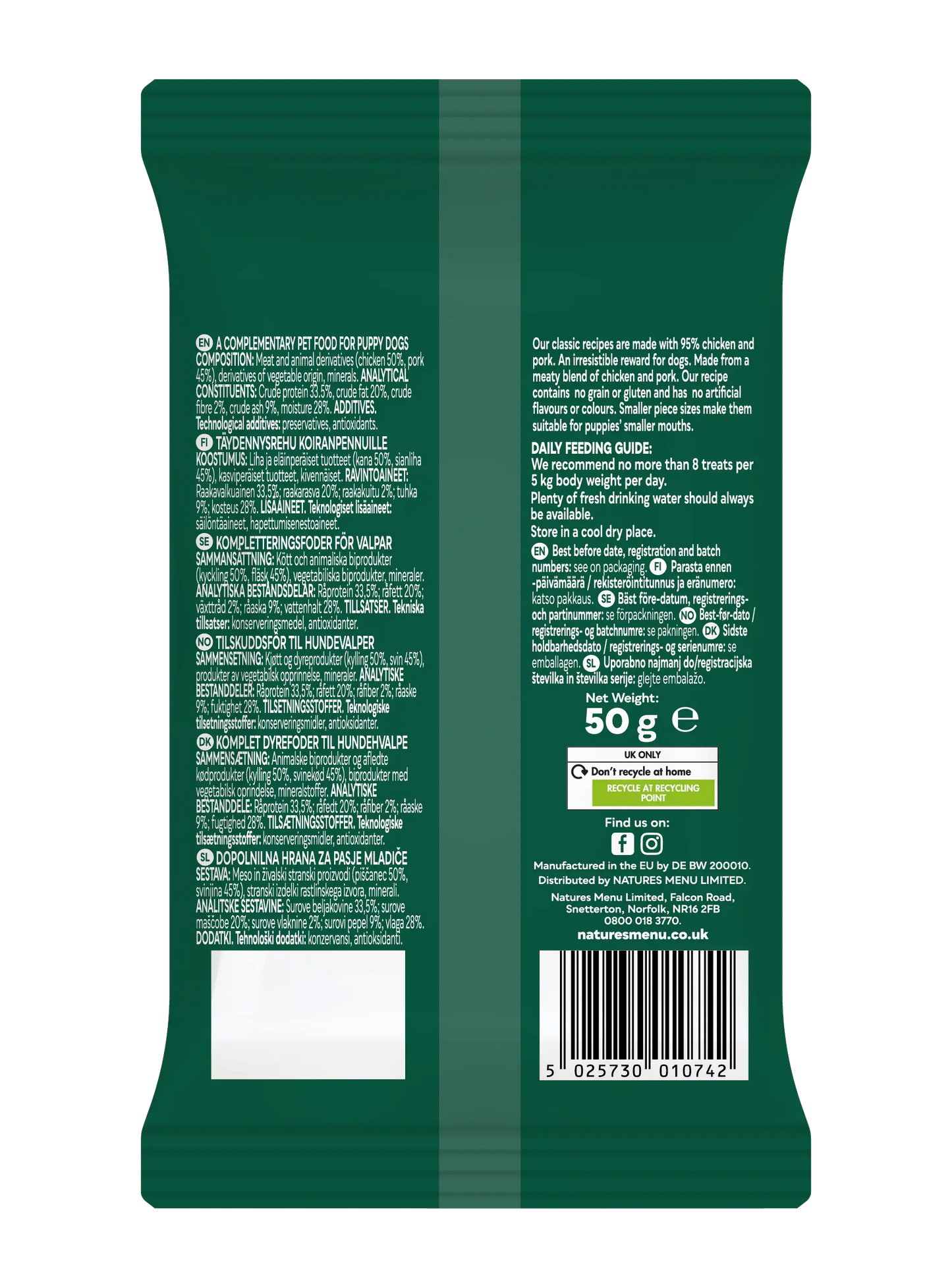 Natures Menu Chicken & Pork Puppy Treats 50g back pack