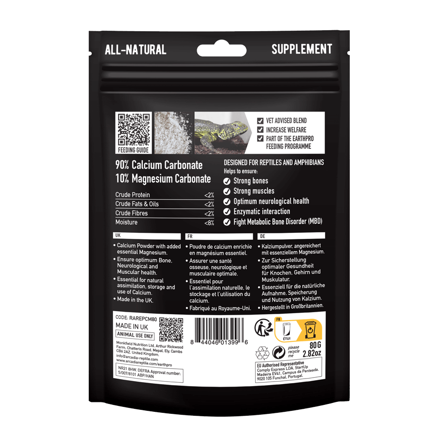 Back of Arcadia EarthPro CalciumPro-Mg 80g pouch with product information