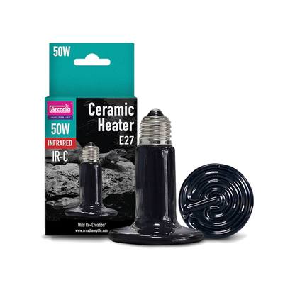 Arcadia Ceramic Heater 50W E27 bulb and retail box, isolated