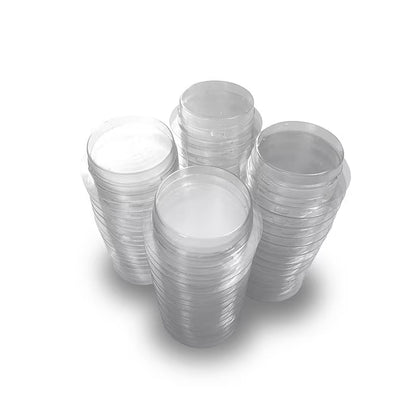 Four stacks of clear HabiStat replacement feeding cups from the 100-pack