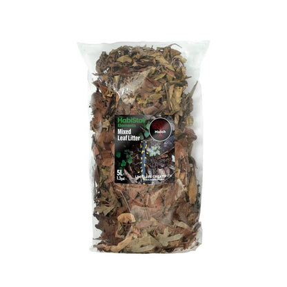 Front of the HabiStat Mixed Leaf Litter 5L clear bag with black and green label