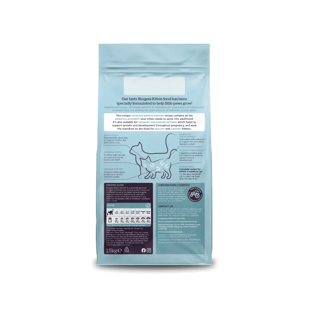 Back of Burgess Kitten Chicken 1.5kg packaging