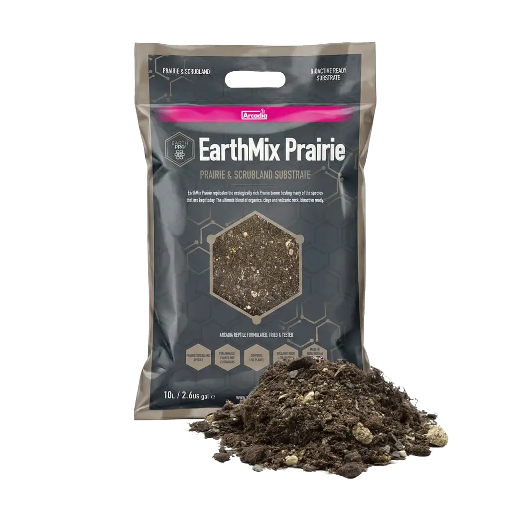 Arcadia EarthMix Prairie 10L bag displayed with a loose pile of the prairie substrate