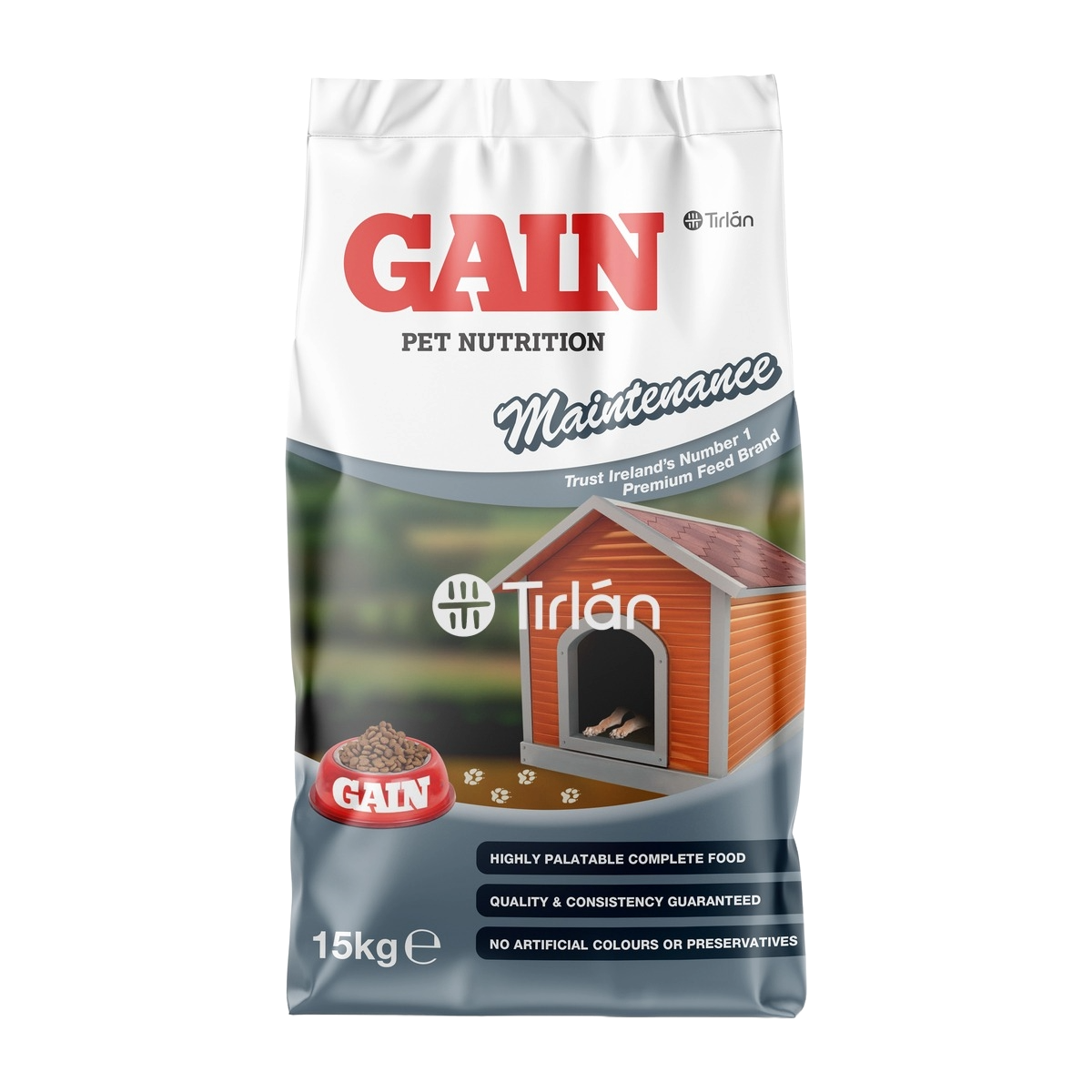 Bag of Gain Pet Nutrition Maintenance food with Tirlán branding on a white background