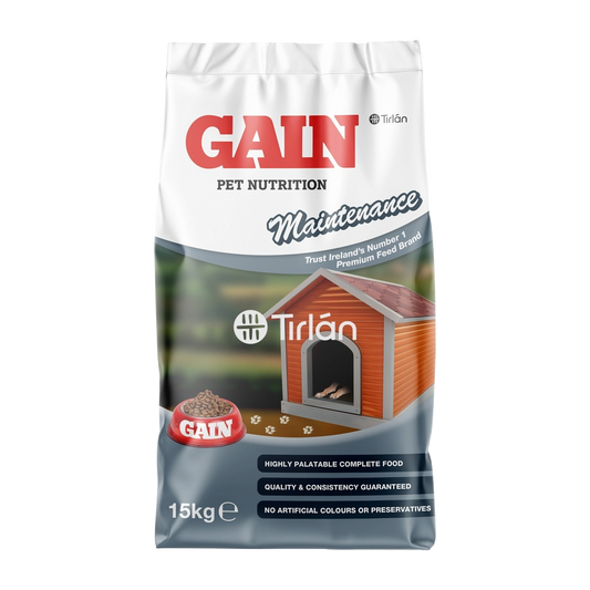 Bag of Gain Pet Nutrition Maintenance food with Tirlán branding on a white background