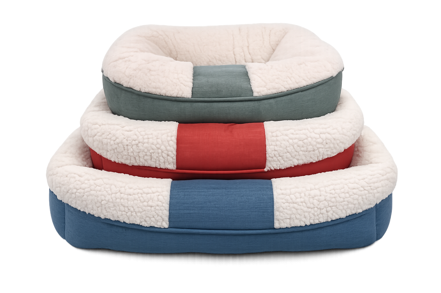 Three nested square pet beds with sherpa fleece interiors and striped fabric exteriors in blue, red, and gray, shown on a white background.