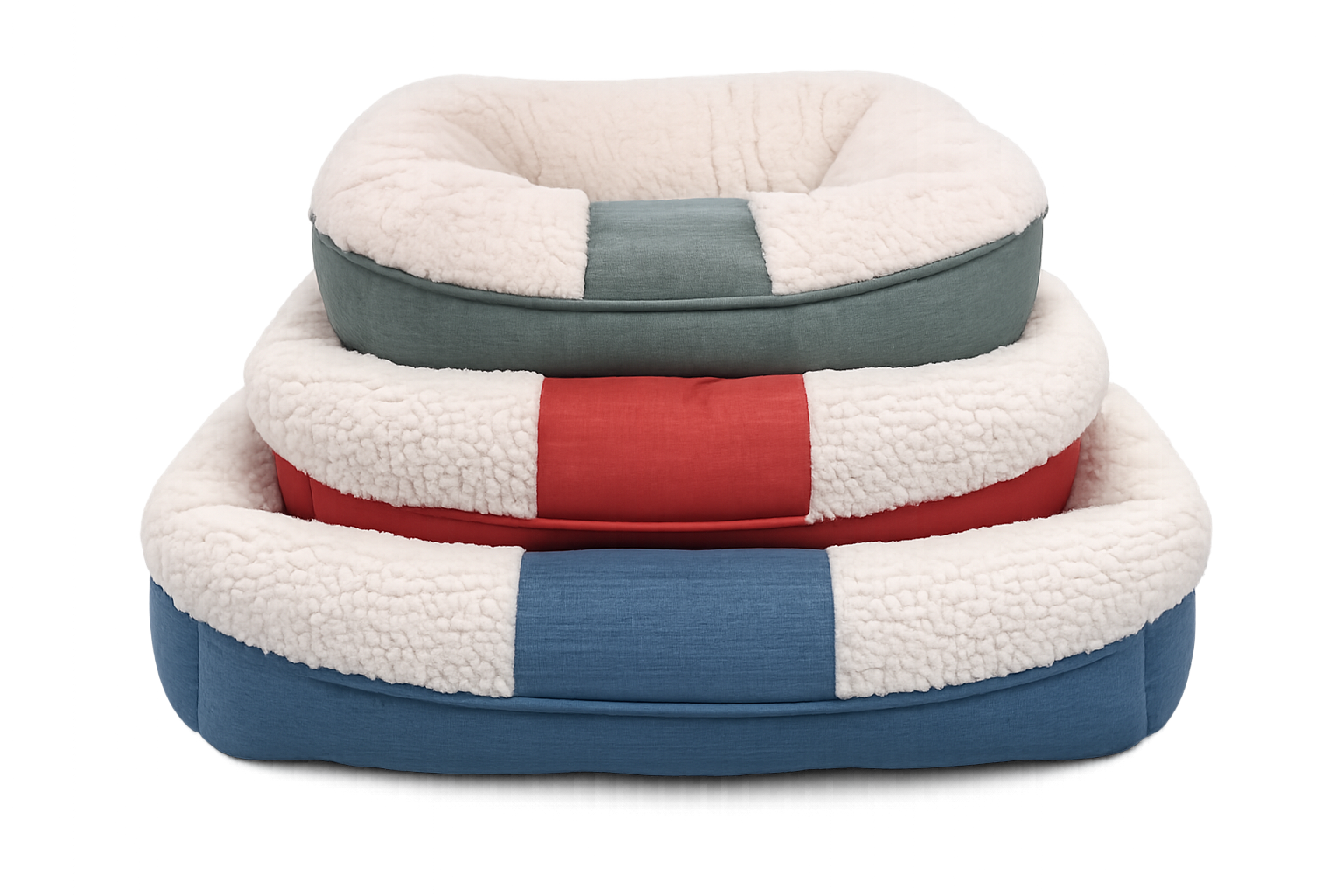 Three nested square pet beds with sherpa fleece interiors and striped fabric exteriors in blue, red, and gray, shown on a white background.