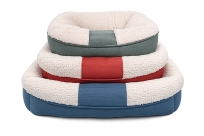 Three nested square pet beds with sherpa fleece interiors and striped fabric exteriors in blue, red, and gray, shown on a white background.