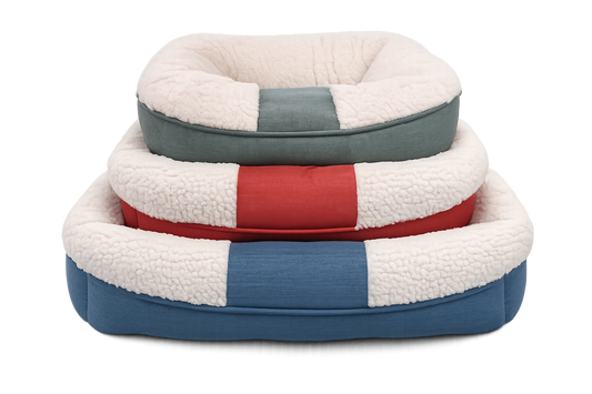 Three nested square pet beds with sherpa fleece interiors and striped fabric exteriors in blue, red, and gray, shown on a white background.