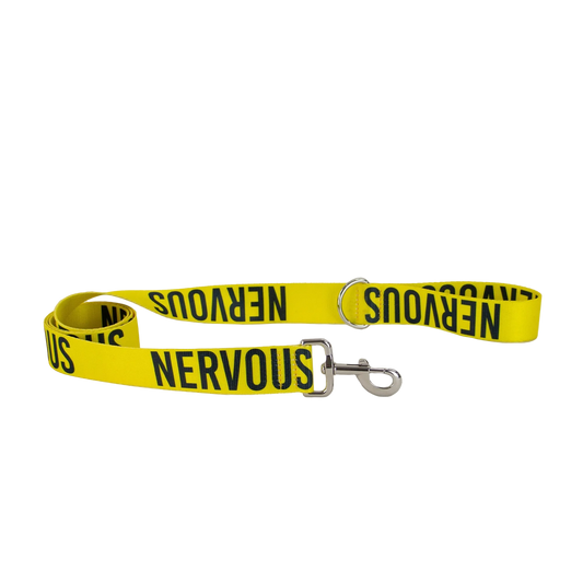 Yellow Ancol 40mm Awareness Dog Lead with NERVOUS wording and metal clip