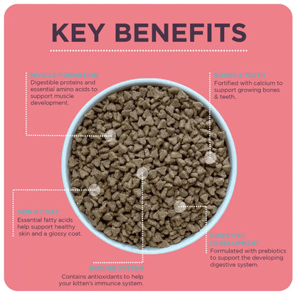 Burgess Kitten Chicken manufacturer key benefits and kibble graphic