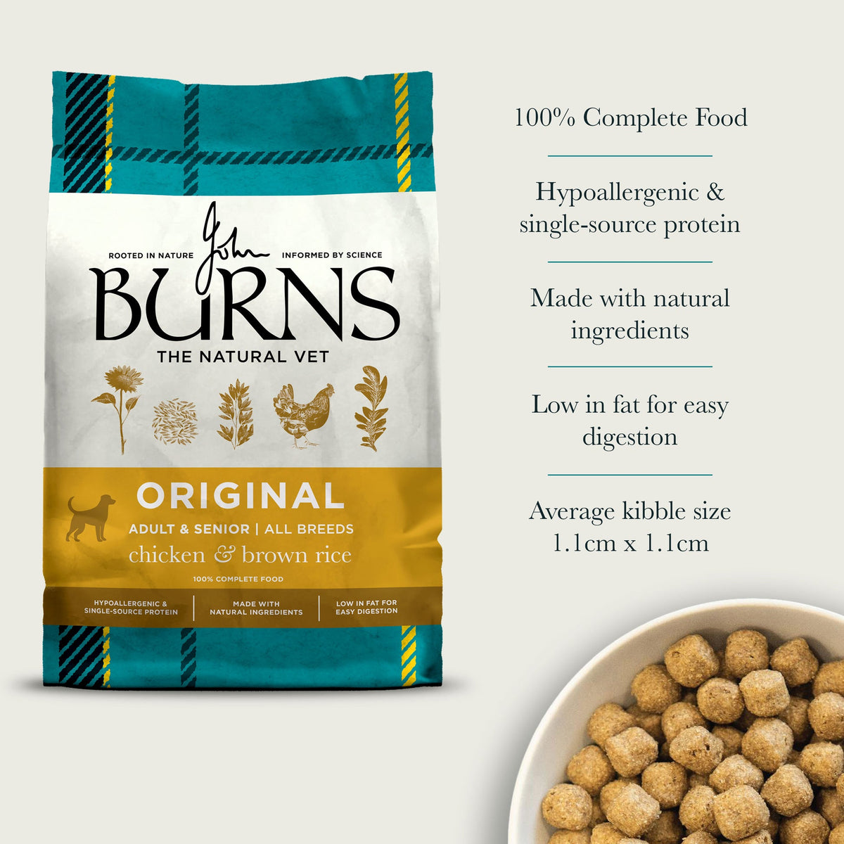 Burns Original Chicken & Brown Rice food bag, kibble and product features