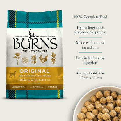 Burns Original Chicken & Brown Rice food bag, kibble and product features