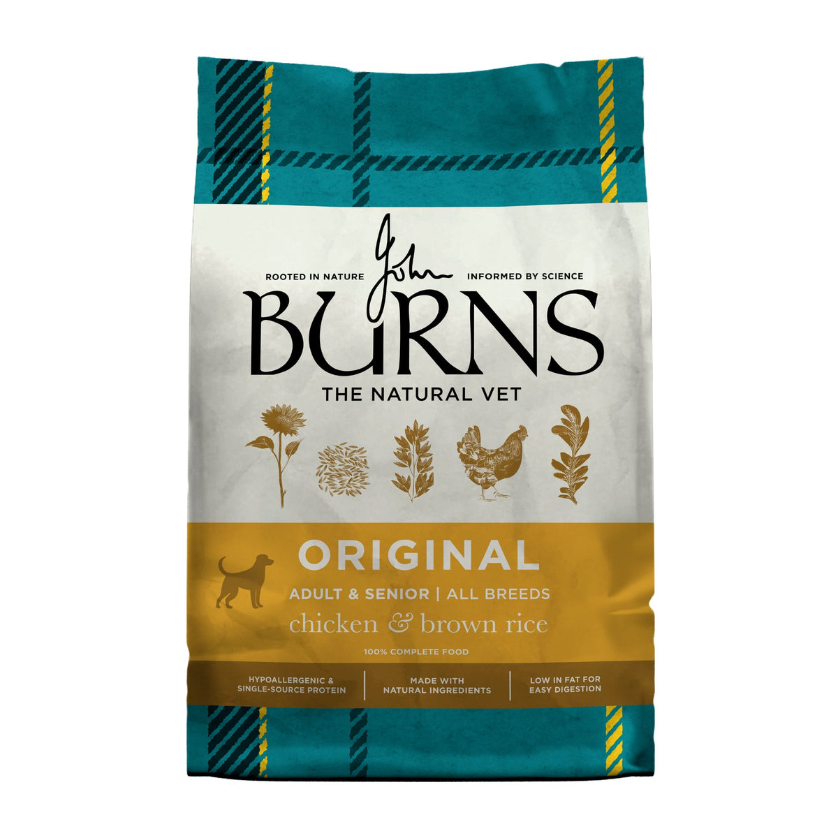 Burns Original Chicken & Brown Rice dry dog food bag, front view
