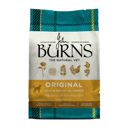 Burns Original Chicken & Brown Rice dry dog food bag, front view