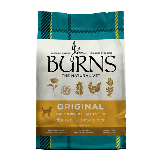 Burns Original Chicken & Brown Rice dry dog food bag, front view