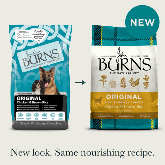 Burns Original Chicken & Brown Rice old and new packaging comparison