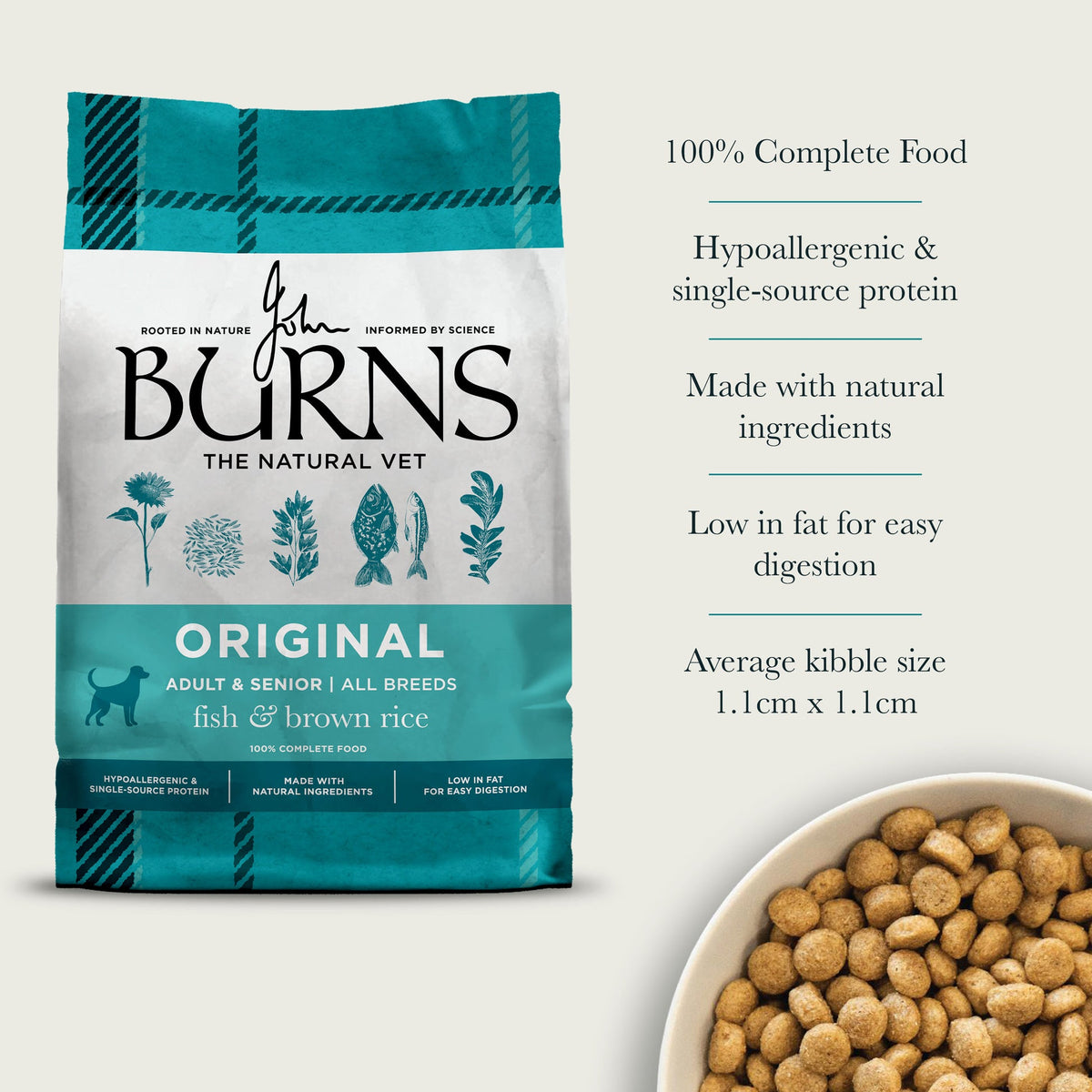 Burns Original Fish & Brown Rice food bag with kibble and product features