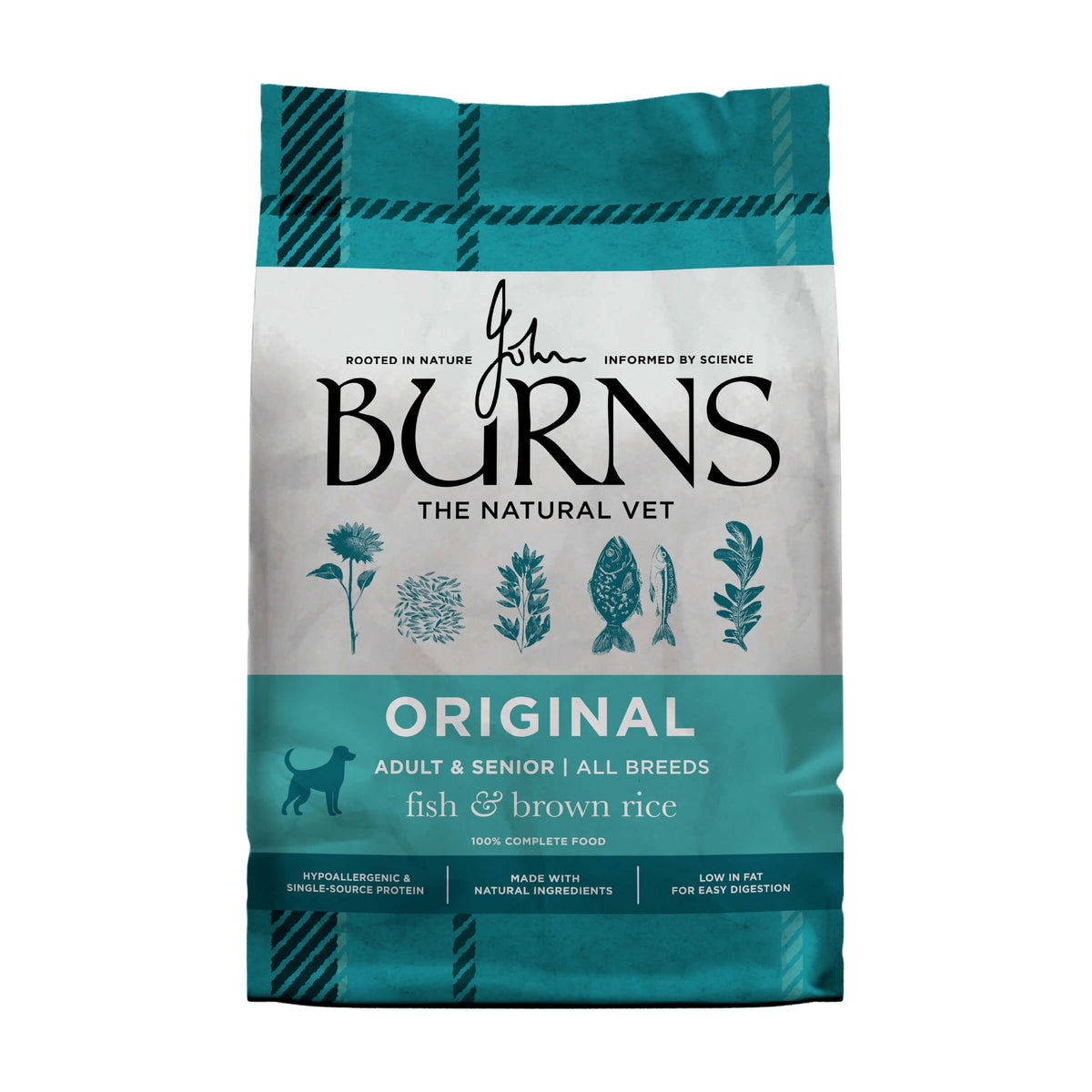 Burns Original Fish & Brown Rice dry dog food bag, front view