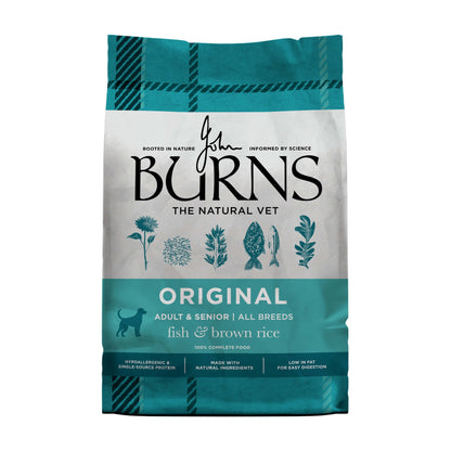 Burns Original Fish & Brown Rice dry dog food bag, front view