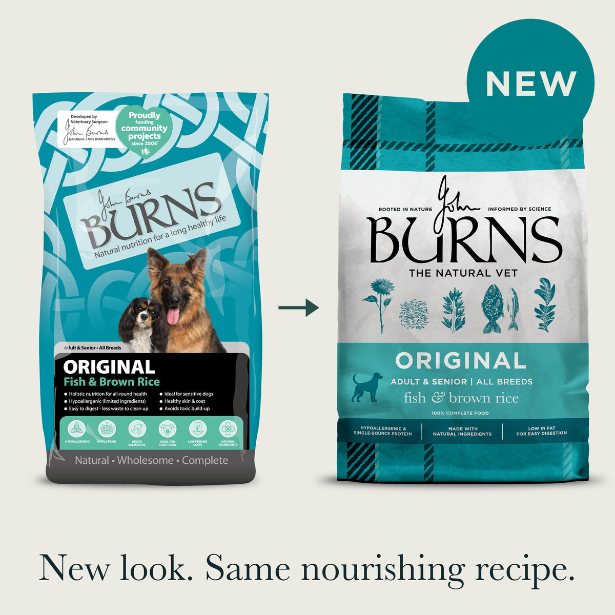 Burns Original Fish & Brown Rice old and new packaging comparison
