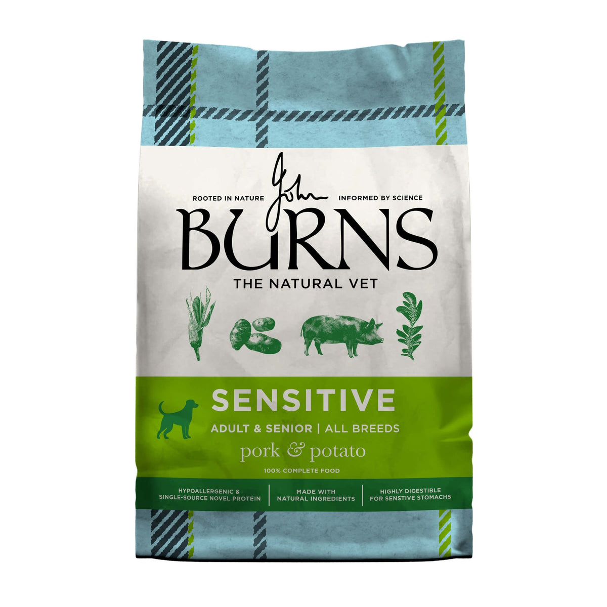 Burns Sensitive Pork & Potato dry dog food bag, front view