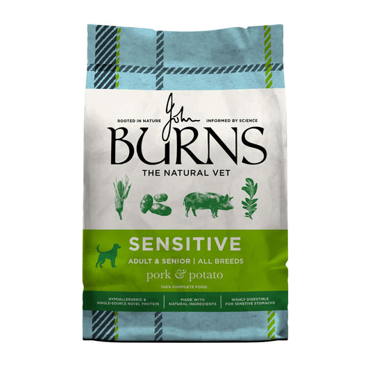 Burns Sensitive Pork & Potato dry dog food bag, front view