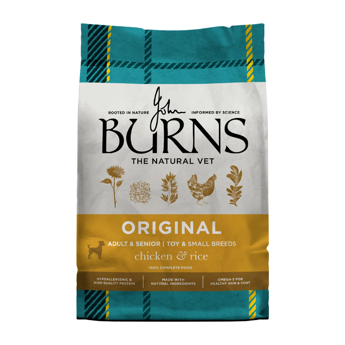 Burns Toy & Small Breed Chicken & Rice dry dog food bag, front view