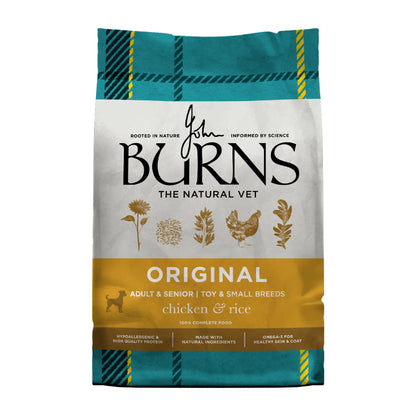 Burns Toy & Small Breed Chicken & Rice dry dog food bag, front view