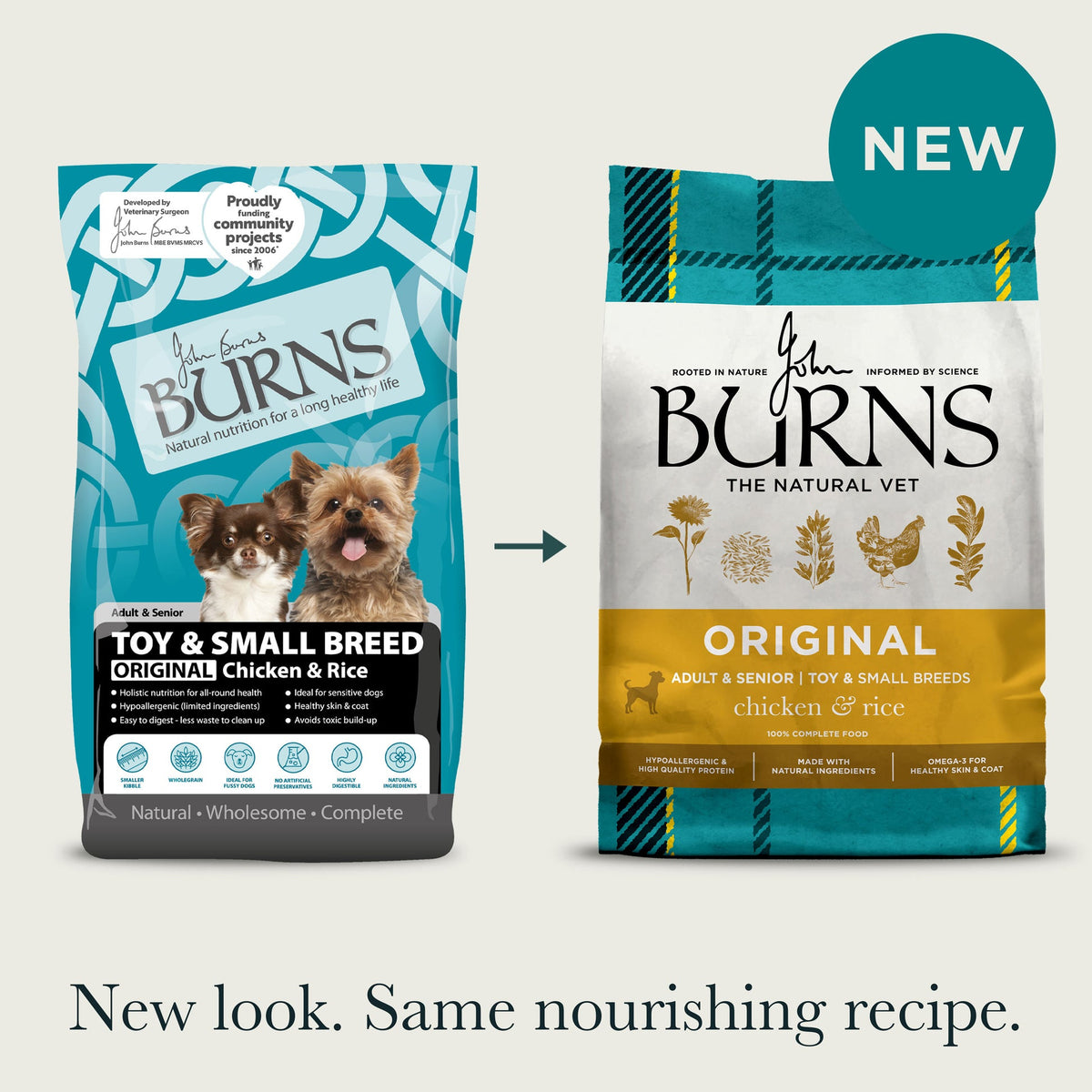 Burns Toy & Small Breed Chicken & Rice old and new packaging comparison
