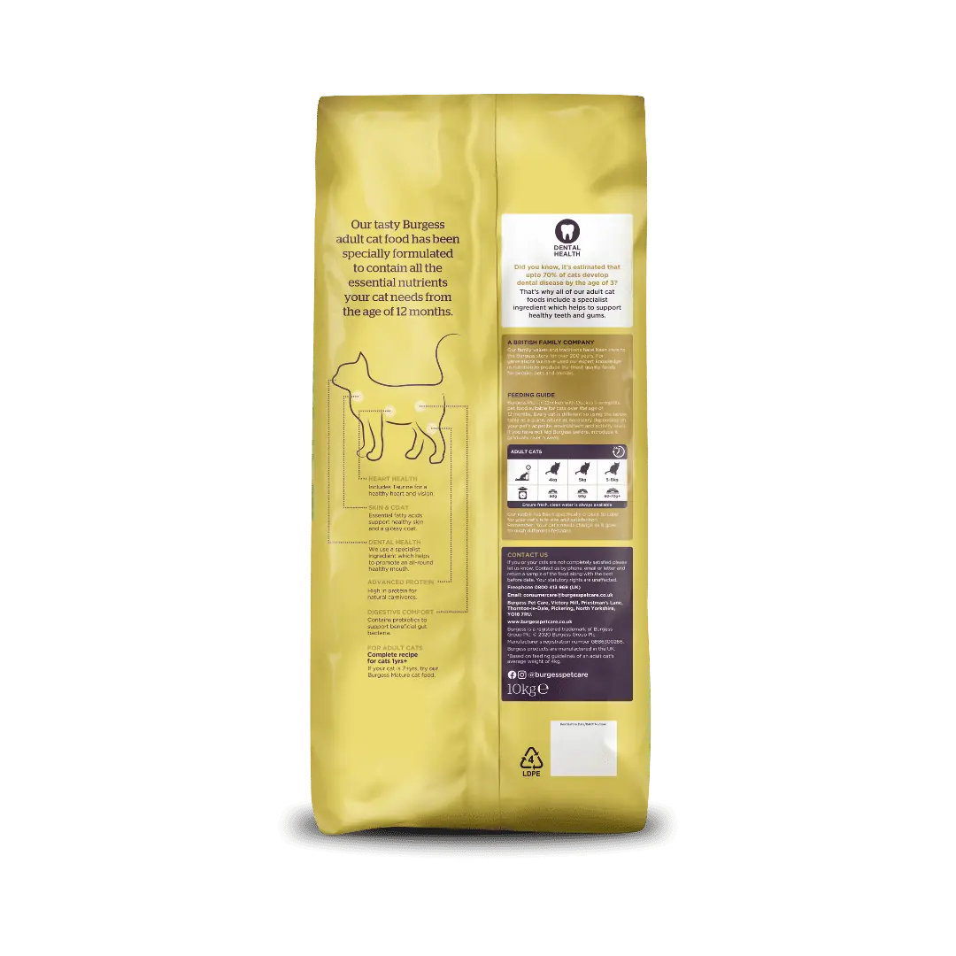 Back of Burgess Adult Cat Chicken with Duck 10kg packaging