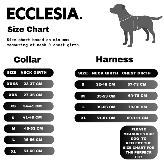 Ecclesia collar and harness size guide with neck and chest measurements in centimetres