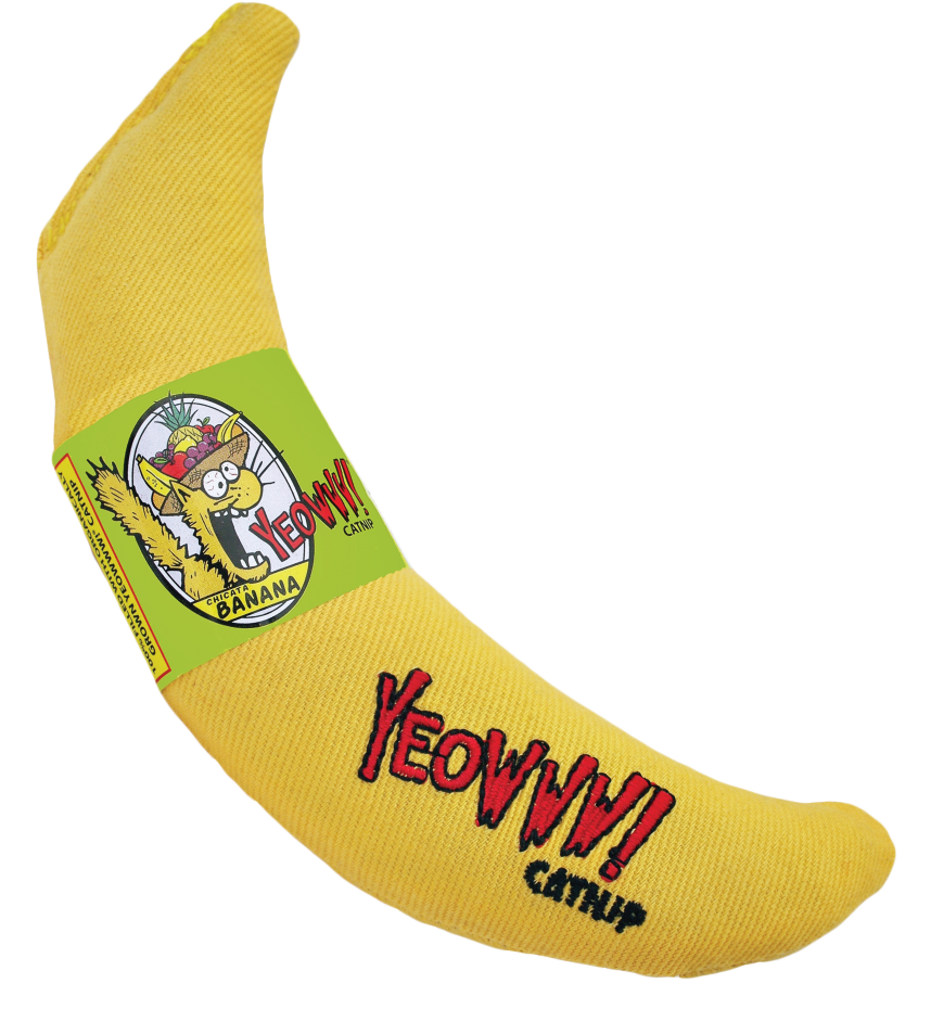 Yeowww yellow catnip banana cat toy on a transparent background