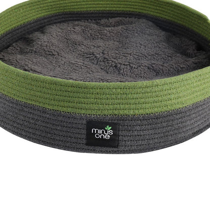 Close view of the rope basket sides and soft fleece lining on the Minus One cat cuddler