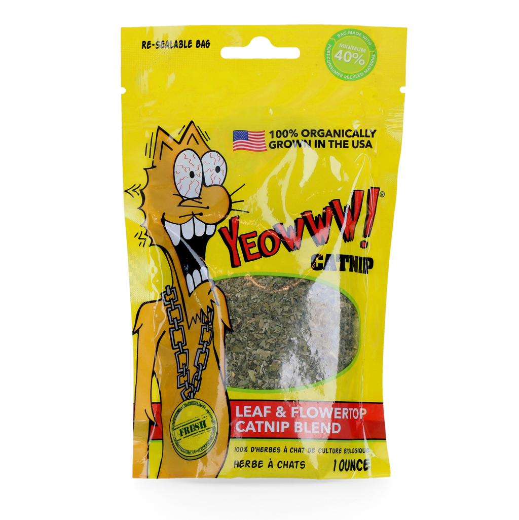 Yeowww organic catnip 28g resealable pouch on a transparent background