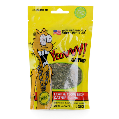 Yeowww organic catnip 28g resealable pouch on a transparent background