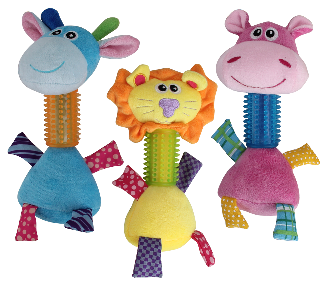 Pawise Puppy Long Neck hippo, lion and giraffe dog toys on a transparent background