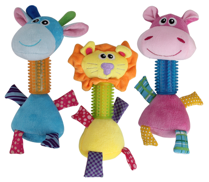 Pawise Puppy Long Neck hippo, lion and giraffe dog toys on a transparent background