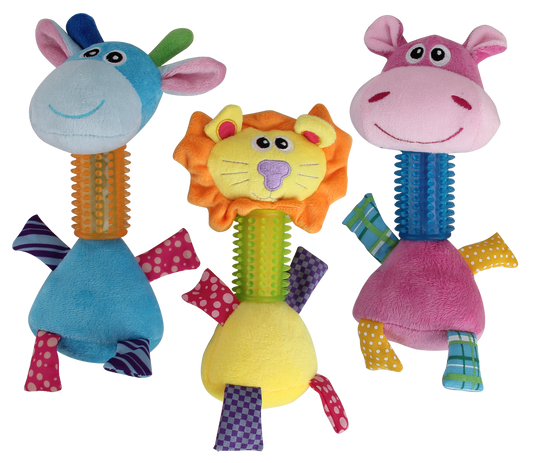 Pawise Puppy Long Neck hippo, lion and giraffe dog toys on a transparent background