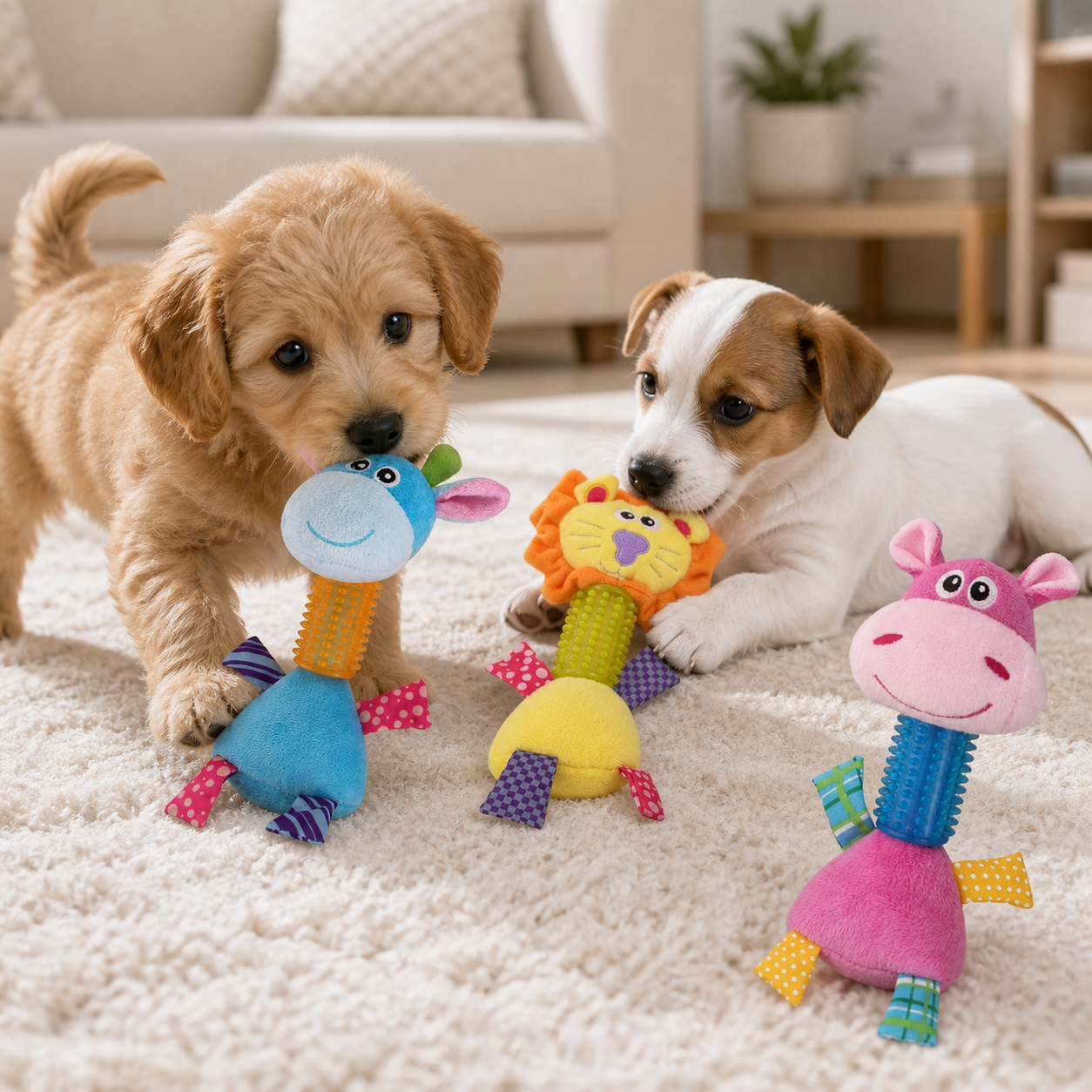 Two puppies playing with the Pawise Long Neck hippo, lion and giraffe toys