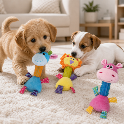 Two puppies playing with the Pawise Long Neck hippo, lion and giraffe toys