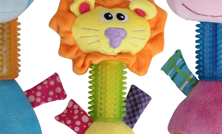 Close view of the textured long necks and patterned crinkle tabs on the puppy toys