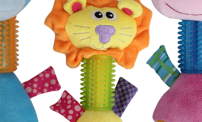 Close view of the textured long necks and patterned crinkle tabs on the puppy toys