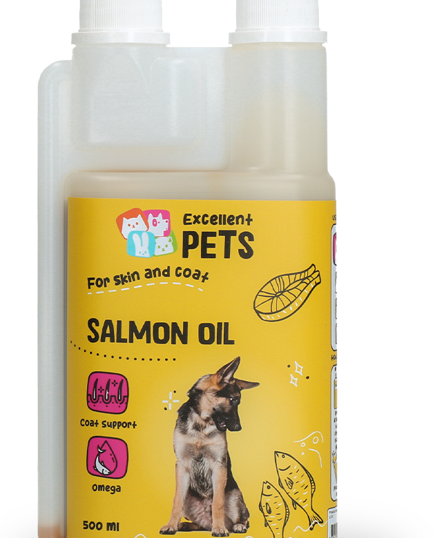 Close view of the Dog Salmon Oil label and twin-neck measuring bottle