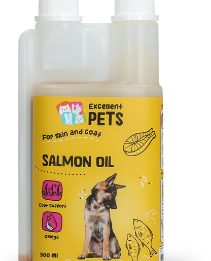 Close view of the Dog Salmon Oil label and twin-neck measuring bottle